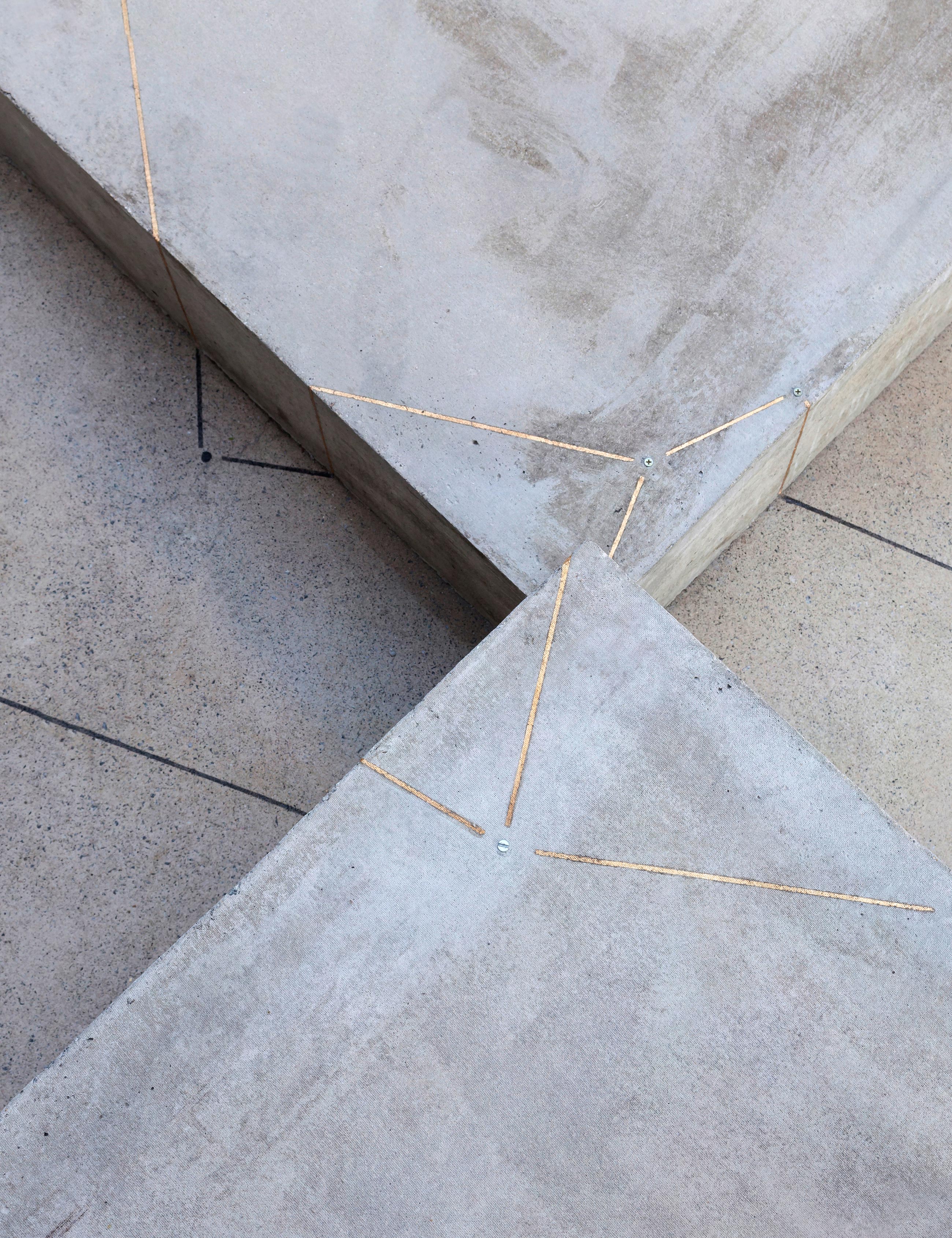 Site-specific Installation titled Cielo Raso by artist Sandra Gamarra, consisting of concrete, golden leaf, graphite and screws, curated by Bruno Alves de Almeida for the project SITU at Galeria Leme, São Paulo, Brazil.