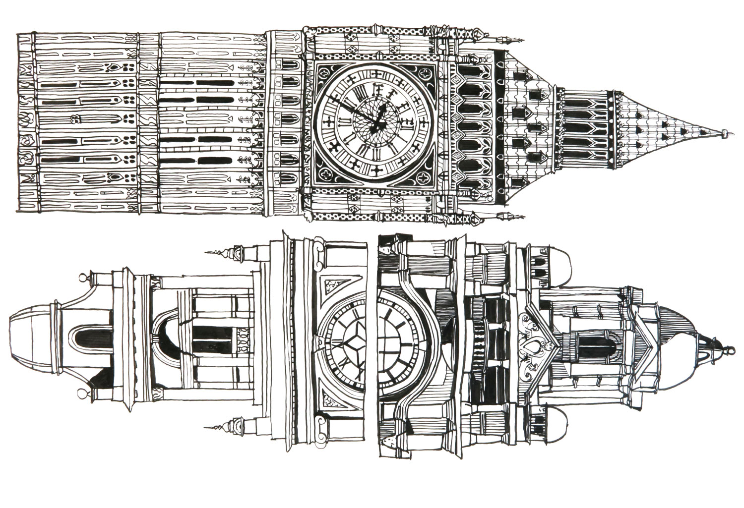 Above - Elizabeth Tower (Big Ben), Westminster Palace, London. Below - clock towers from Luz Station, São Paulo and Flinders Street Station, Melbourne, both designed by English architect Henry Drive. Drawing by Pilar Quinteros