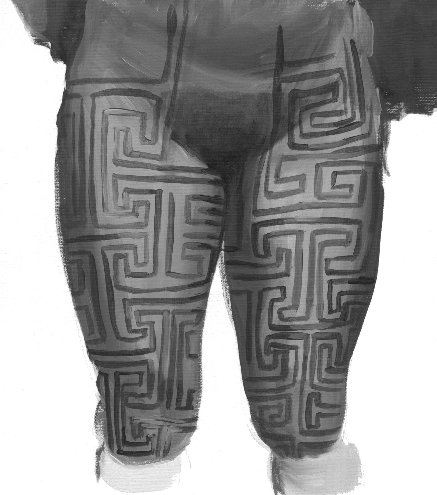Black and white painting by Sandra Gamarra of a Geometric body painting of the indigenous tribe Karajá. Made for the project Cielo Raso curated by Bruno Alves de Almeida.